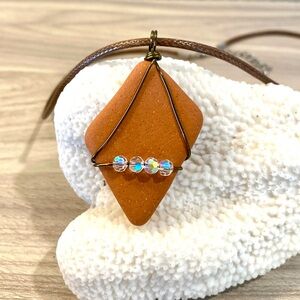 118. Handmade Mediterranean sea tile Pendant Necklace with Iridescent Beads